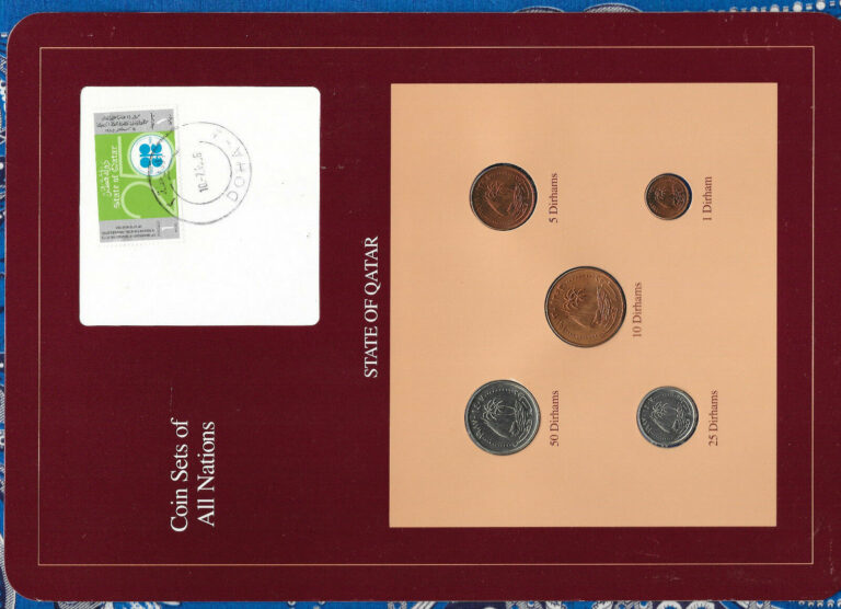 Read more about the article Coin Sets of All Nations Qatar w/card 1973 – 1987 UNC 25  50 Dirhams 1987