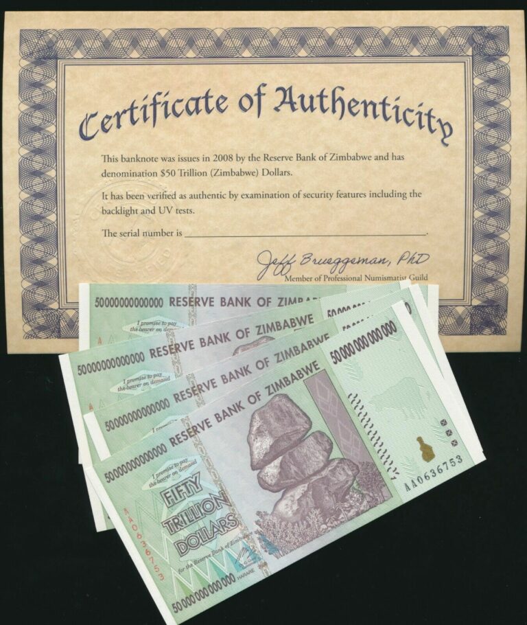 Read more about the article Zimbabwe 50 TRILLION DOLLAR BILL AA/2008 uncirculated 100% CoA genuine