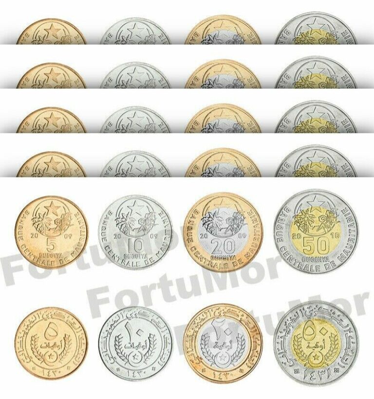 Read more about the article MAURITANIA 5 (x) 4 COINS SET  5 10 20 50 OUGUIYA  2009 2010  UNC  BIMETAL