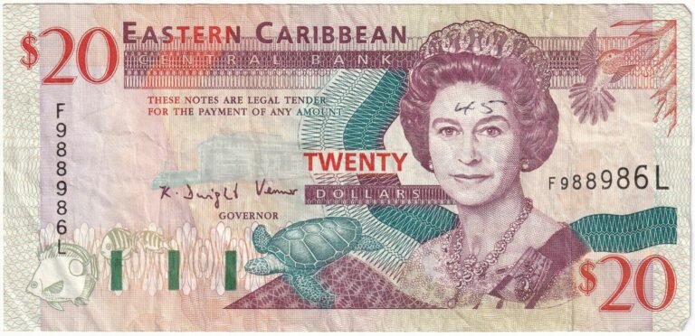 Read more about the article 1993 | St. Lucia Elizabeth II 20 Dollars Banknote | Banknotes | KM Coins