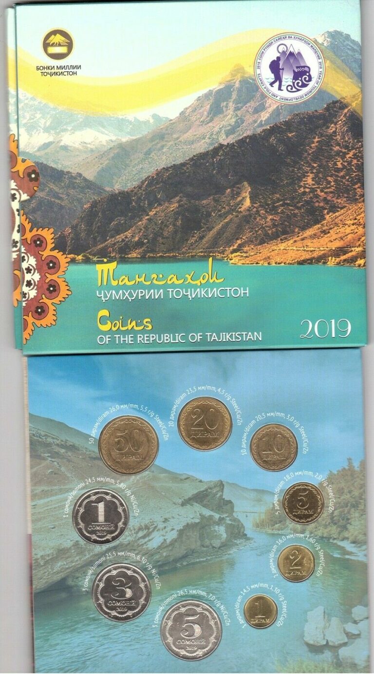 Read more about the article Tajikistan set 9 coins 1 2 5 10 20 50 Dir 1 3 5 Somoni 2019 UNC Mountain booklet