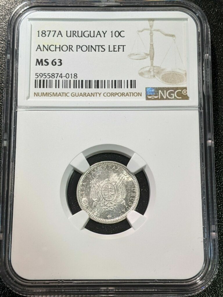 Read more about the article 1877 A MS63 Uruguay Silver 10 Centesimos Anchor Points Left NGC KM 14