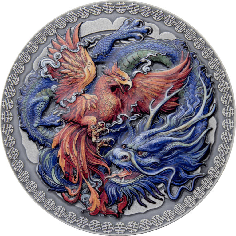 Read more about the article 2021 Ghana PHOENIX and DRAGON Antiqued Colorized 50g silver coin Oriental Culture