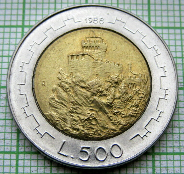 Read more about the article SAN MARINO 1988 500 LIRE  CASTLE and FORTIFICATIONS  BI-METALLIC UNC