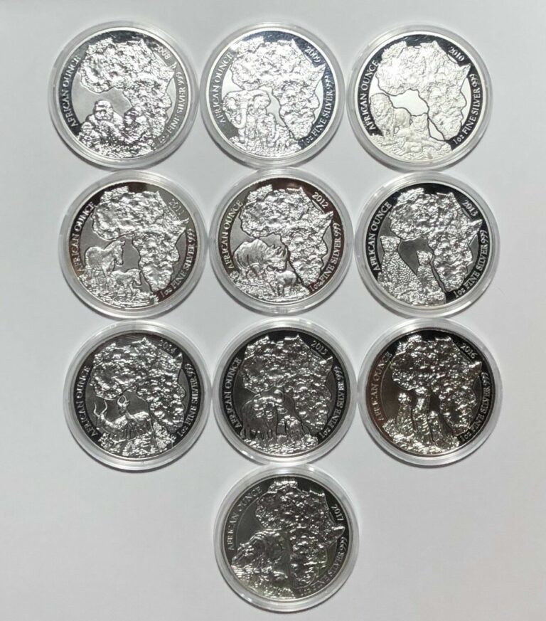 Read more about the article 2008-2018 COMPLETE PROOF SET 11 Rwanda Wildlife1oz Silver 999 Coins RARE!