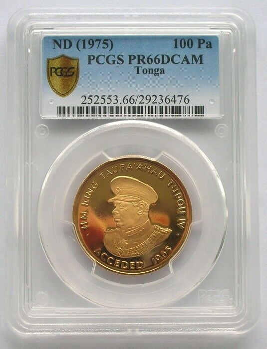 Read more about the article Tonga 1975 George Tupou IV 100 Pa’anga PCGS PR66 Gold Coin Proof