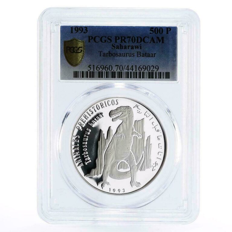 Read more about the article Sahrawi 500 pesetas Prehistoric Animals Tyrannosaurus PR70 PCGS silver coin 1993