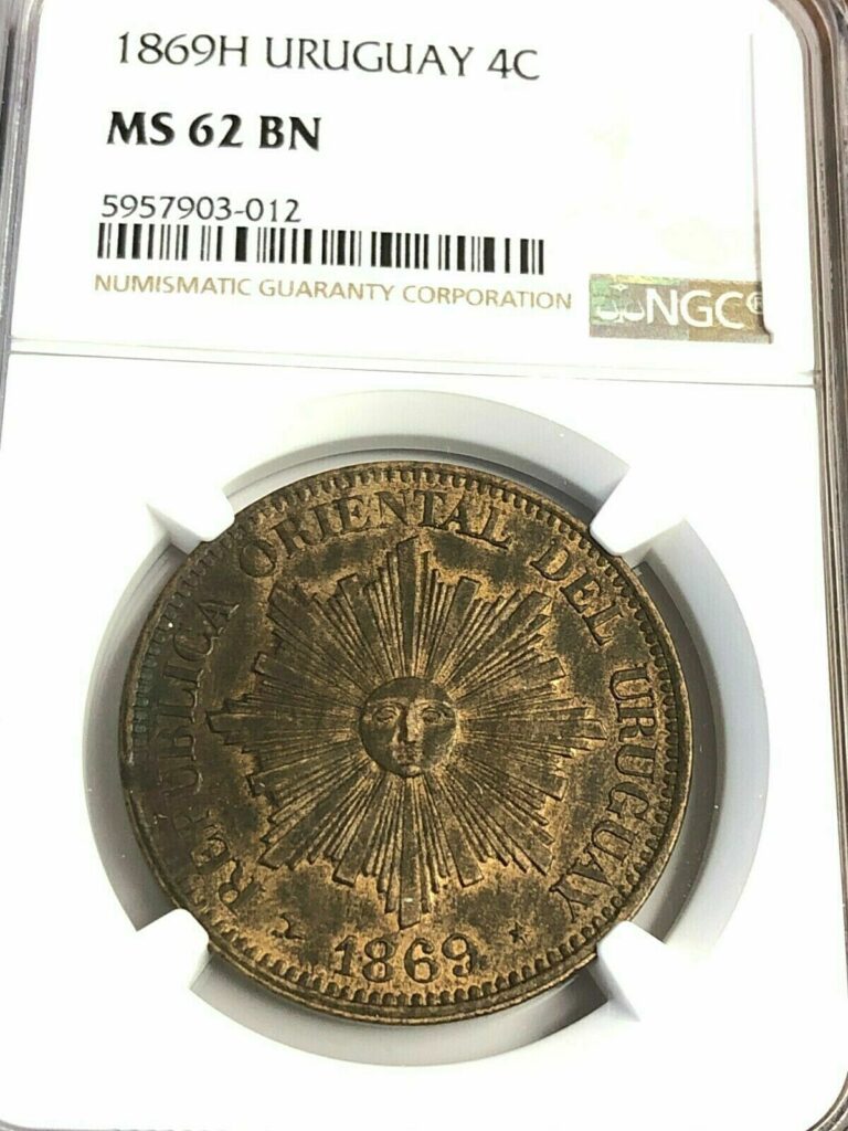 Read more about the article 1869 H URUGUAY 4 Centesimos Radiant Sun KM#13  NGC MS-62 BN