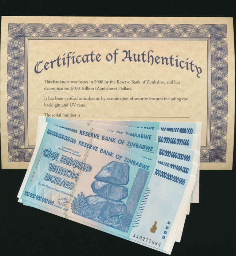 Read more about the article Zimbabwe 100 TRILLION DOLLAR BILL AA/2008 uncirculated 100% CoA genuine