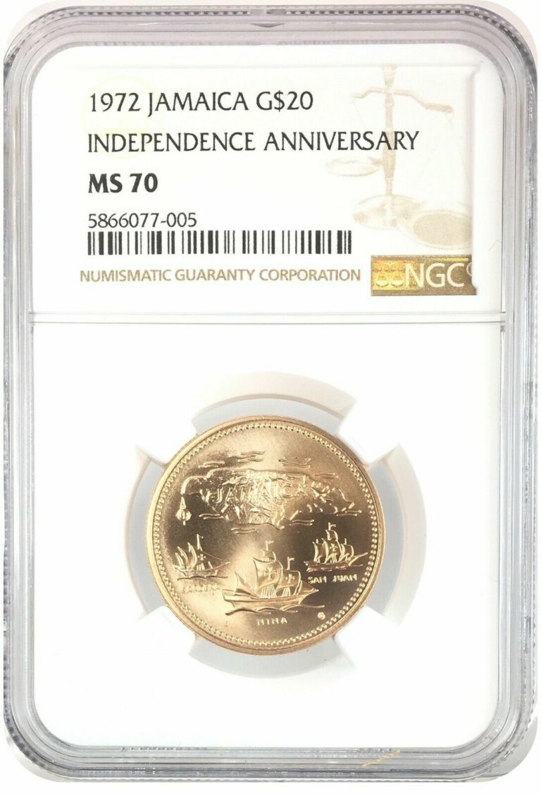 Read more about the article 1972 Jamaica Gold $20 – 10th Anniversary of Independence Gem BU NGC MS70