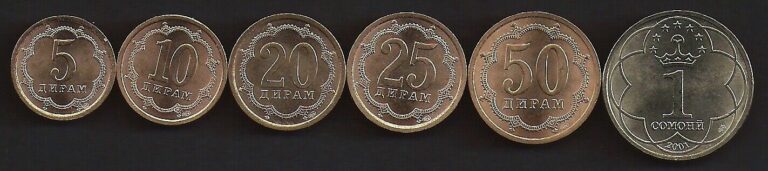 Read more about the article TAJIKISTAN 5 Diram – 1 Somoni 2001-06 6 pc Coin Set KM2.2-7 UNCIRCULATED