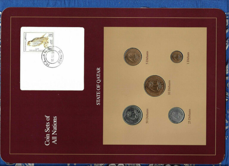 Read more about the article Coin Sets of All Nations Qatar w/card 1973-1990 UNC 50 Dirhams 1990 Falcon stamp