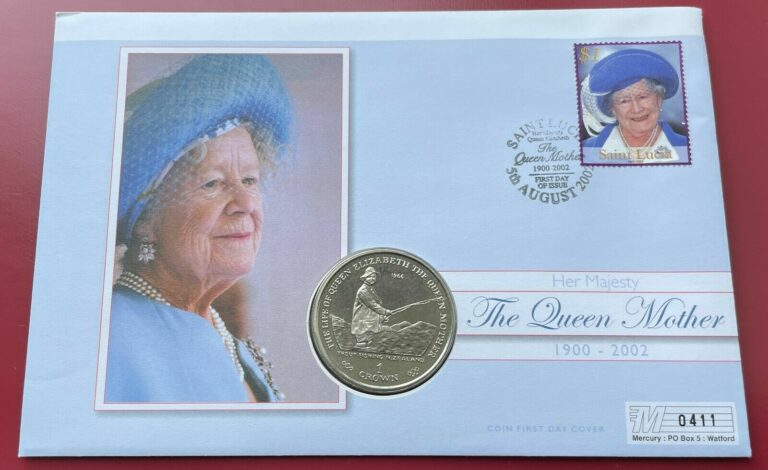 Read more about the article 2002 The Queen Mother Memorial Coin Cover Gibraltar Coin and St Lucia Stamps