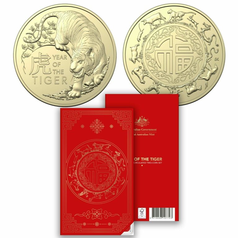 Read more about the article Australia 2022 Lunar New Year of the Tiger 2x$1 AlBr Dollar UNC Coins Set