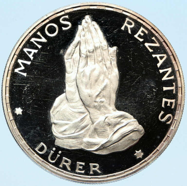 Read more about the article 1970 EQUATORIAL GUINEA Dürer’s Praying Hands Proof Silver 100 Peseta Coin i98288