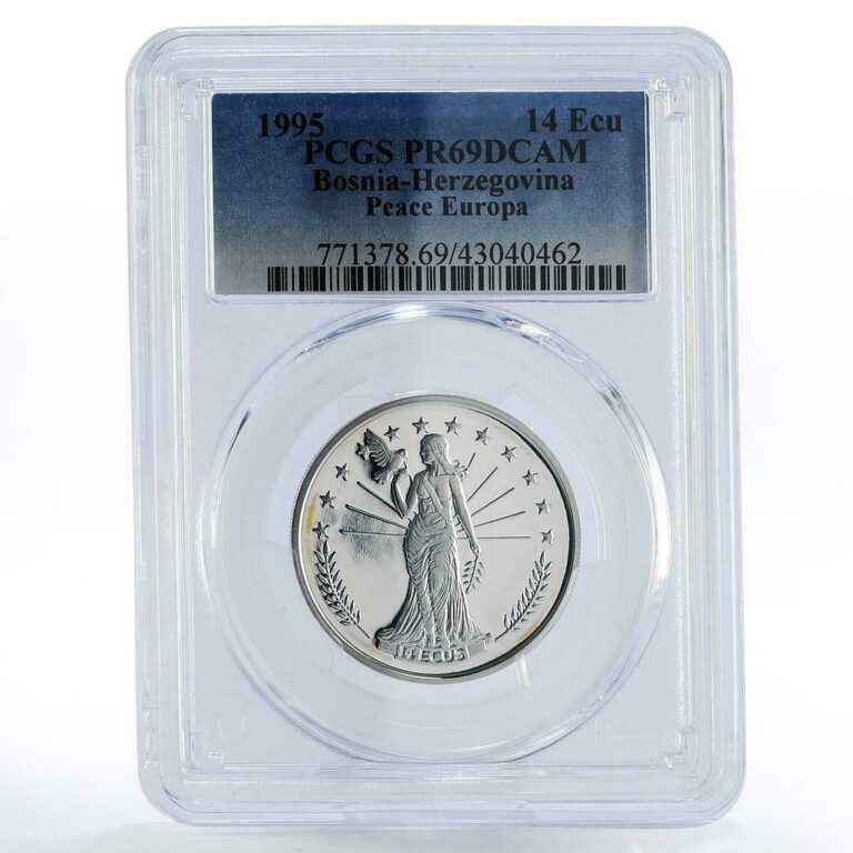 Read more about the article Bosnia and Herzegovina 14 ecu Peace Europe Woman Dove PR69 PCGS silver coin 1995