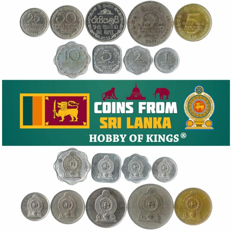 Read more about the article SET: 9 COINS FROM SRI LANKA: 1  2  5  10  25  50 CENTS  1  2  5 RUPEES 1975-2004