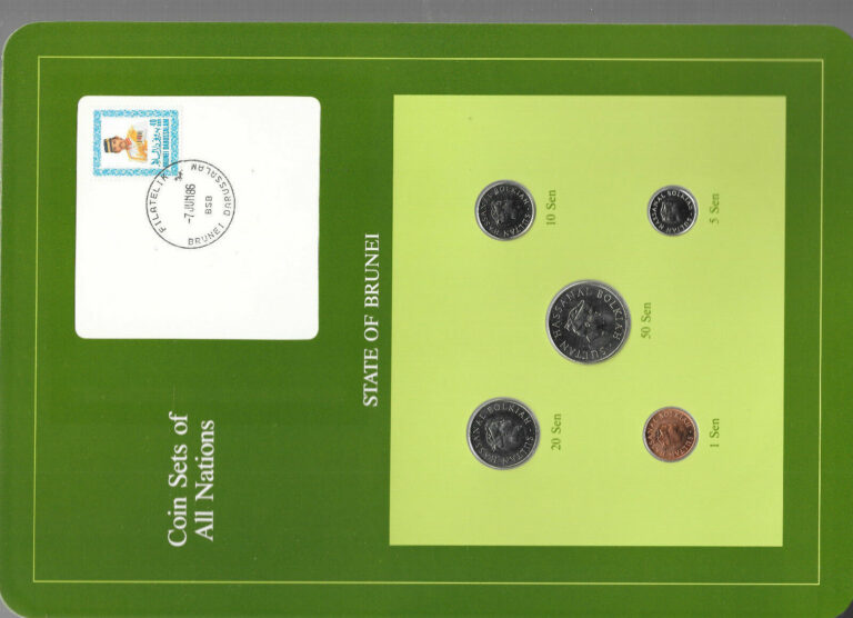 Read more about the article Coin Sets of All Nations Brunei UNC w/card 1985-1988  50 5 1 Sen 1988 7JUN86