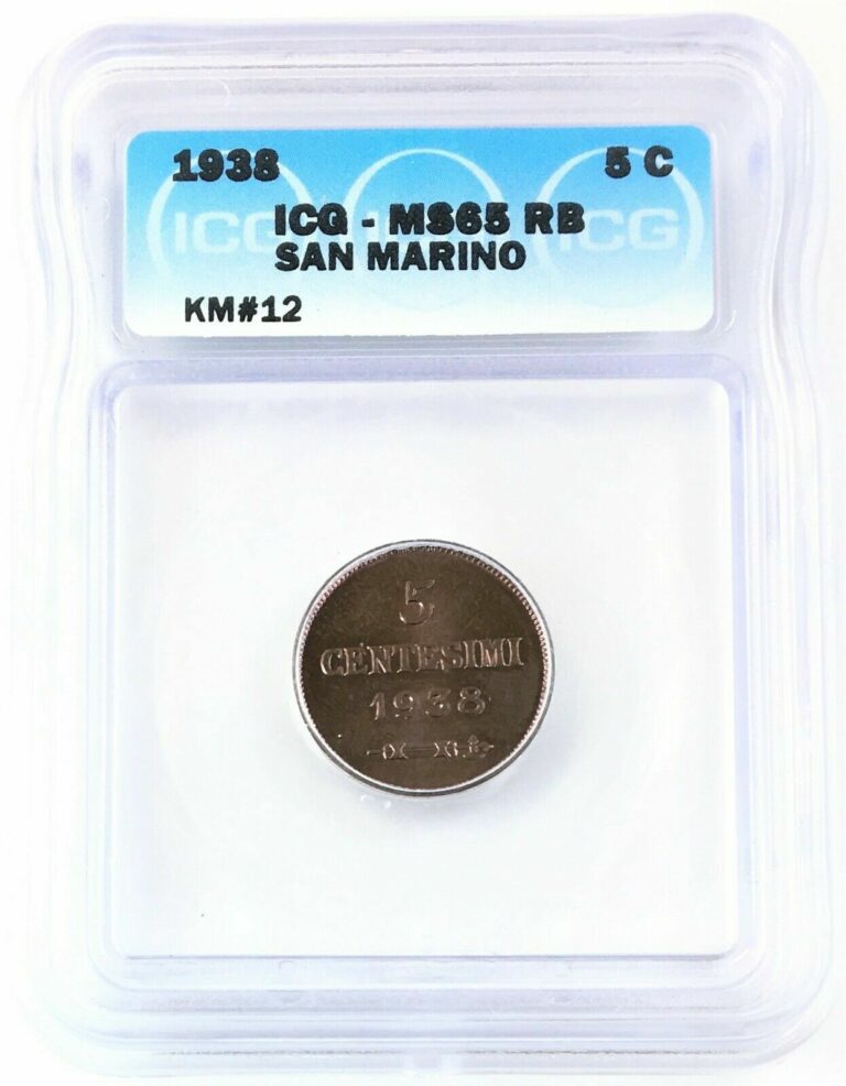 Read more about the article 1938 San Marino 5 Centesimi Gem Uncirculated Red Brown ICG MS65 RB