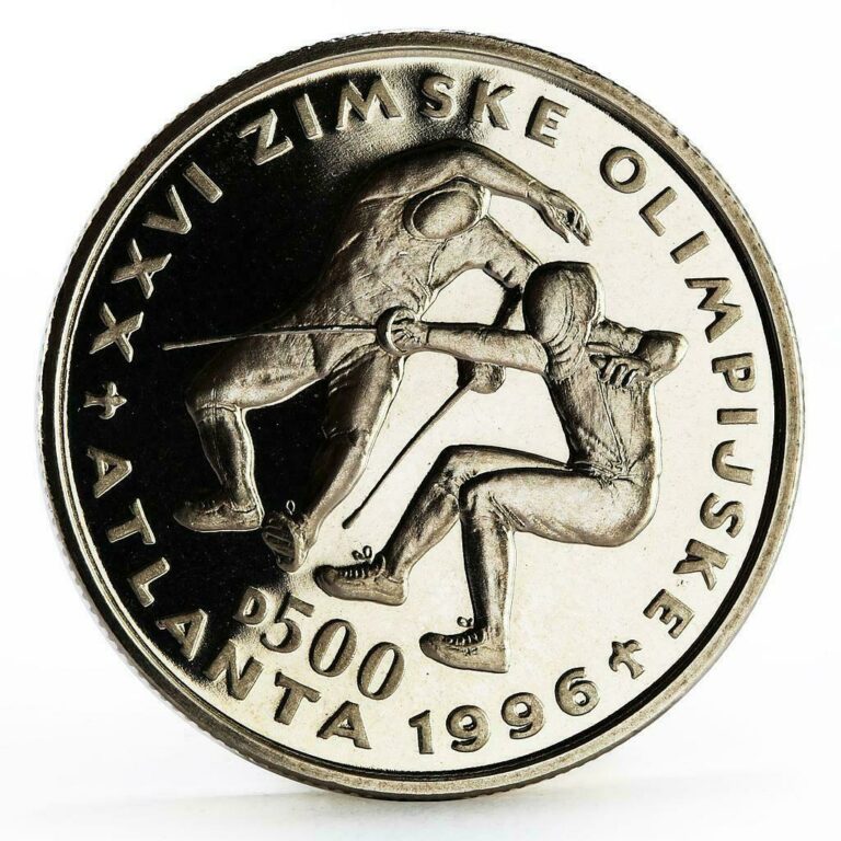 Read more about the article Bosnia and Herzegovina 500 dinara Atlanta Olympics Fencers nickel coin 1996