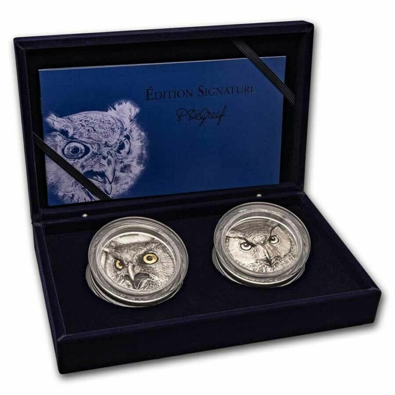 Read more about the article 2021 Ivory Coast 10 oz Silver Edition Signature Owl 2-Coin Set – SKU#232293