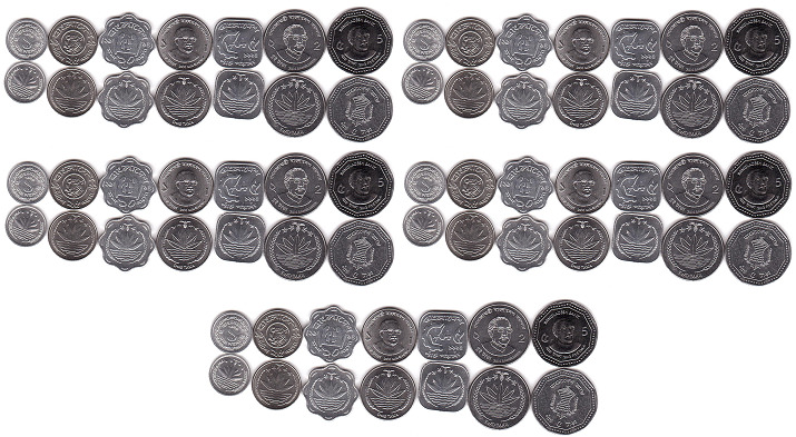 Read more about the article Bangladesh – 5 pcs x set 7 coins 1 5 10 25 Poisha 1 2 5 Taka 1974 – 2013 UNC