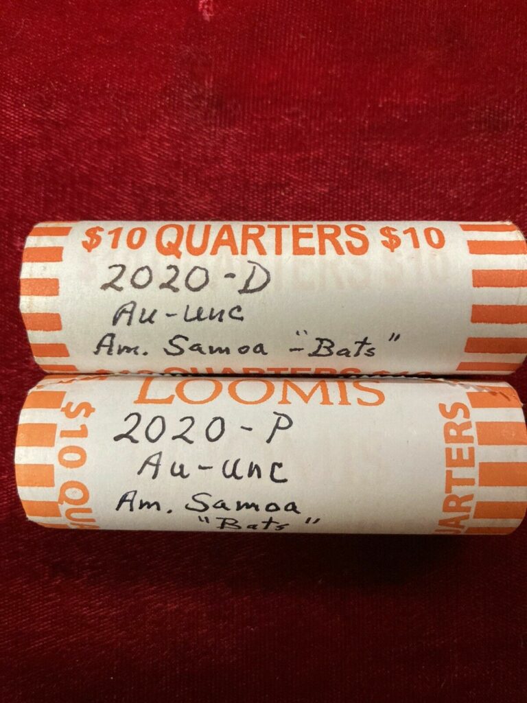 Read more about the article 2-Roll Lot; Am. Samoa ” Bats” AU- UNC-1-.Roll 2020-P and1 Roll 2020-D.40 coins ea.