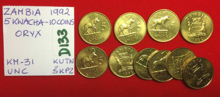 Read more about the article D133 Zambia; 10 Coins from Mint Bag – 5 Kwacha 1992  Oryx  KM#31 UNC