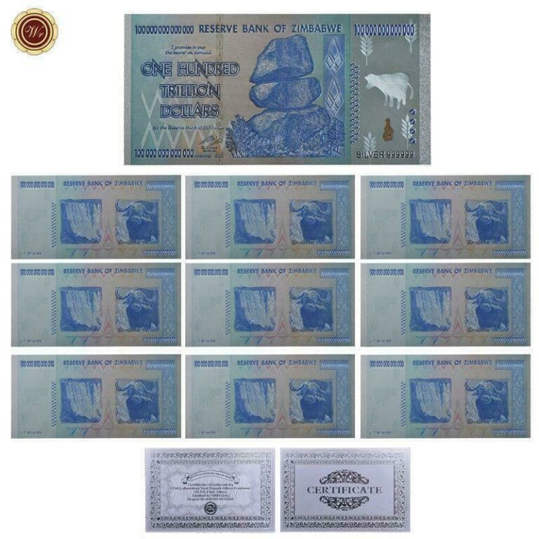 Read more about the article 10× $100 One Hundred Trillion Dollar Zimbabwe Silver Blue Banknote Set /w Roc WR