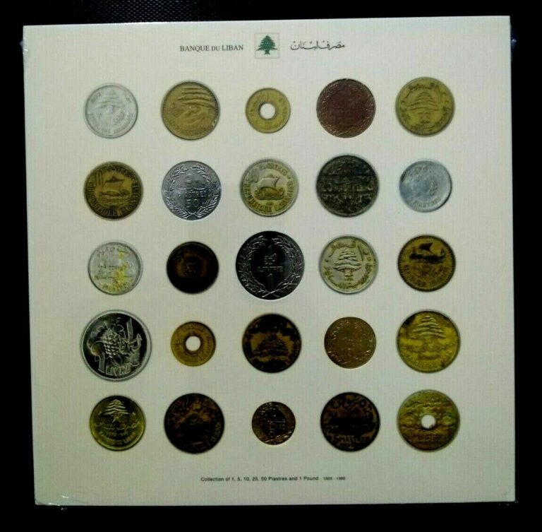 Read more about the article LEBANON 2012 – UNC COLLECTION OF (5)  5 10 25 50 1 POUND COINS  1925-86  ALBUM