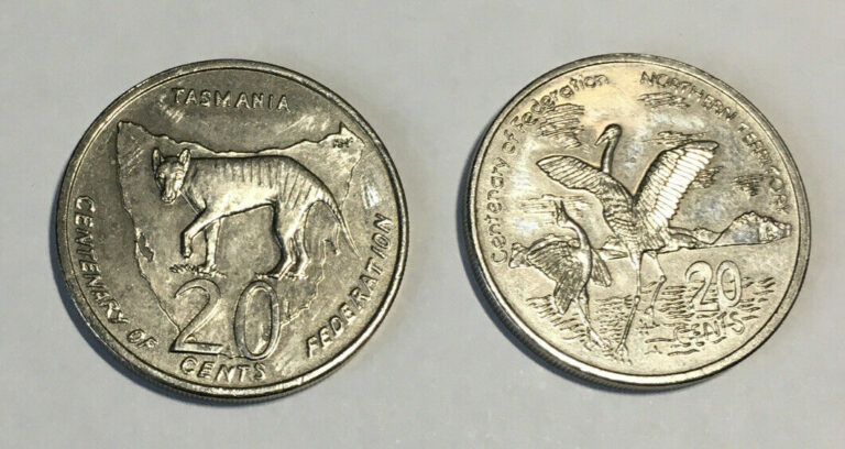 Read more about the article 2  Coins 20c Australia 2001 Northern Territory and Tasmania AU+