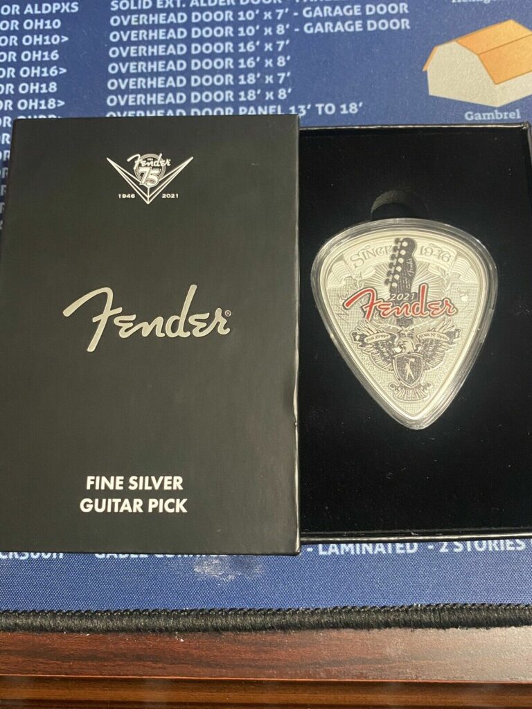 Read more about the article 2021 Solomon Islands 1 Oz 75th Anniversary Fender Guitar Pick $2 Silver Coin