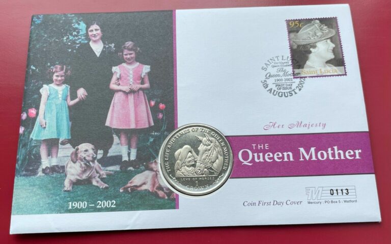 Read more about the article 2002 The Queen Mother Memorial Coin Cover Isle of Man Crown Coin St Lucia Stamps