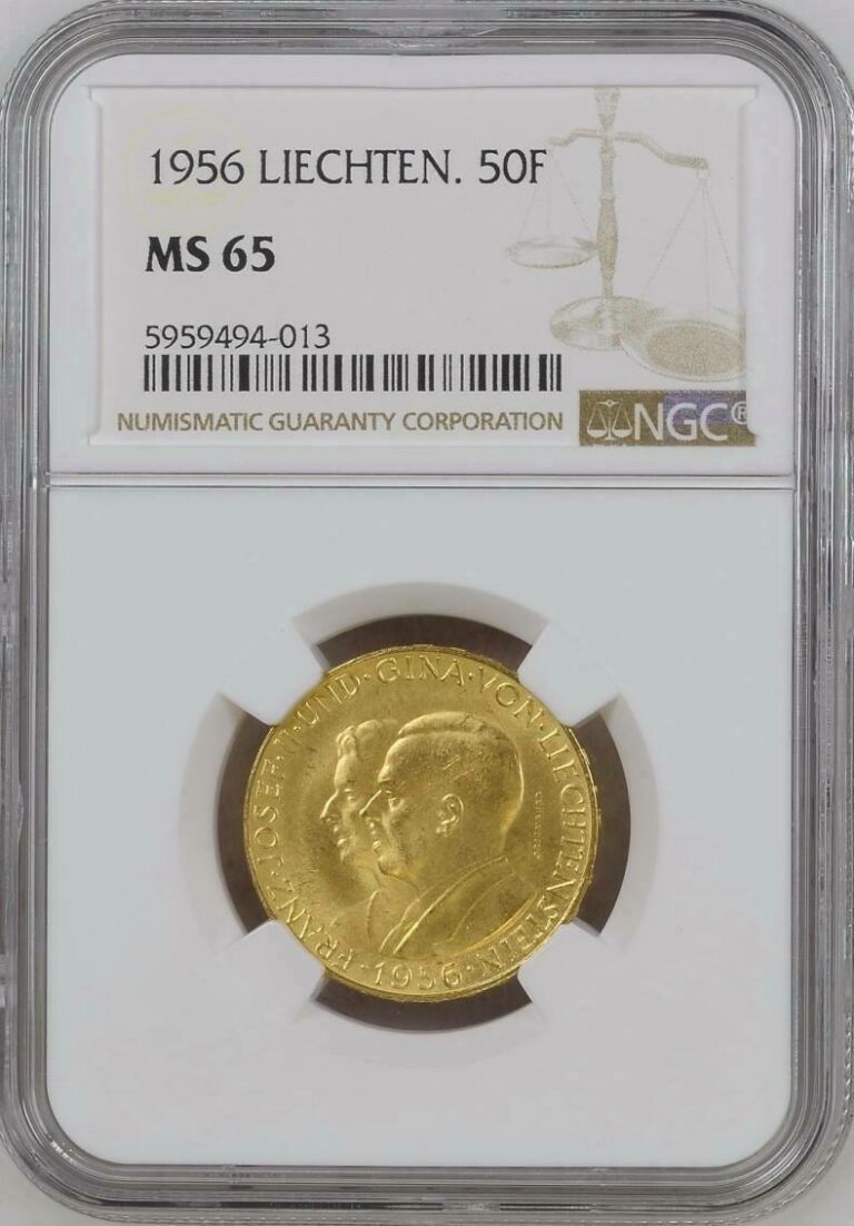 Read more about the article LIECHTENSTEIN   GOLD 50 FRANKEN 1956 –  NGC MS 65 – ONLY 2 COINS HIGHER     RARE