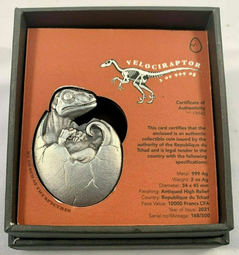 Read more about the article 2021 Chad Hatched Velociraptor 2 oz .999 Silver Dinosaur Coin ~ Only 500 Made