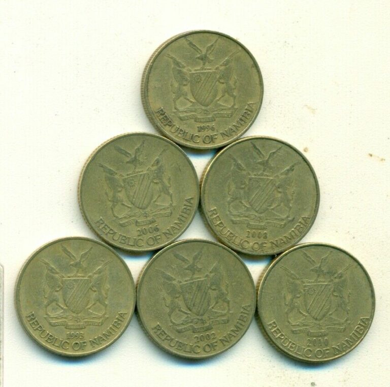 Read more about the article 6 DIFFERENT 1 DOLLAR COINS from NAMIBIA (1993  1996  2002  2006  2008 and 2010)