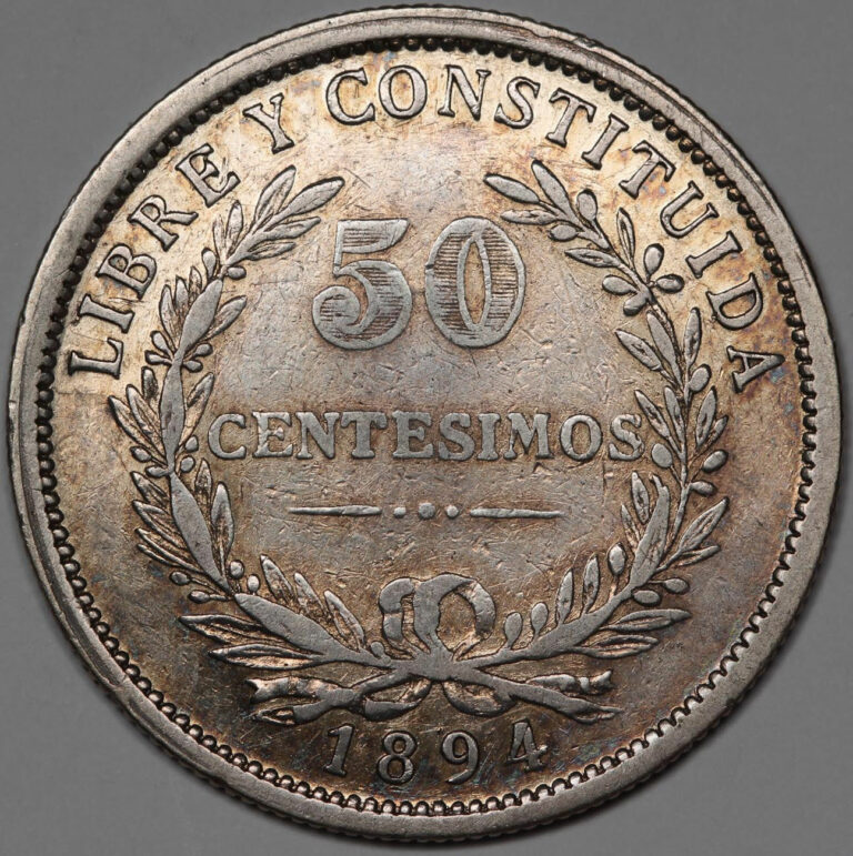 Read more about the article URUGUAY 1894 50 CENTESIMOS 12.5 Gram 90.0% SILVER Coin XF+ Scarce