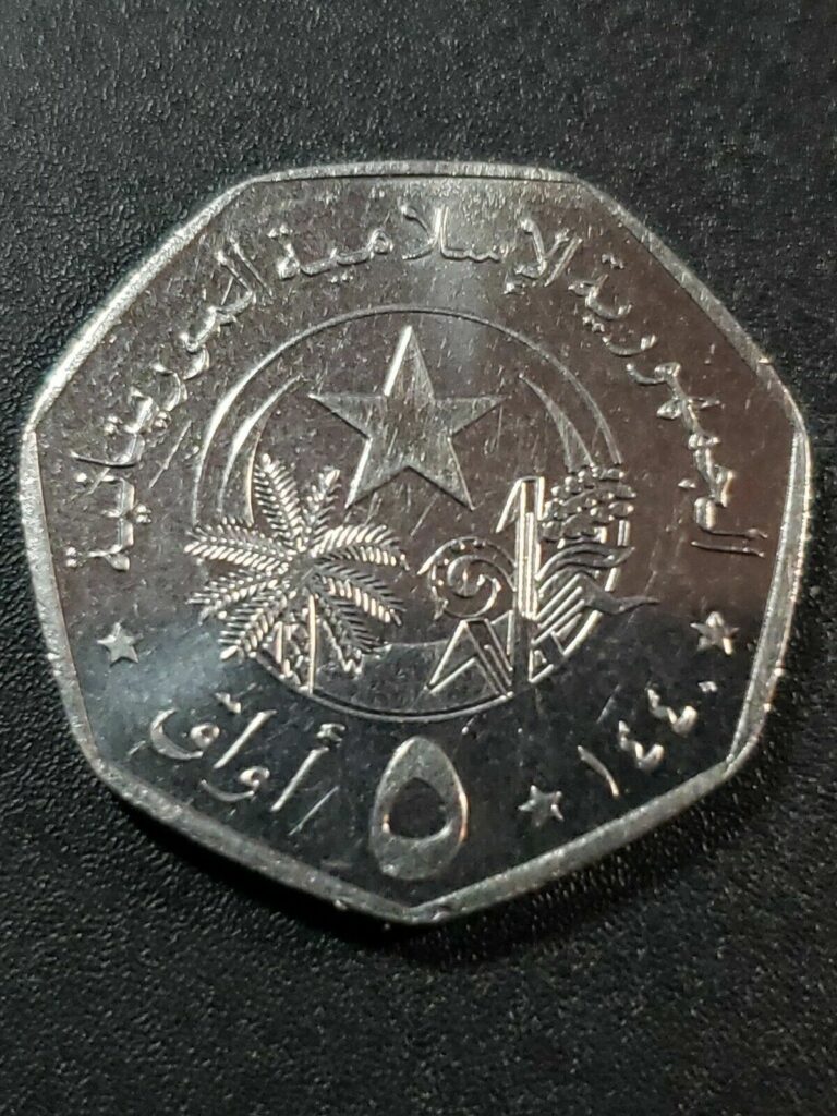 Read more about the article Mauritania 1440(2018) Islamic Republic 5 ouguiya nickel plated steel 22.5mm circ