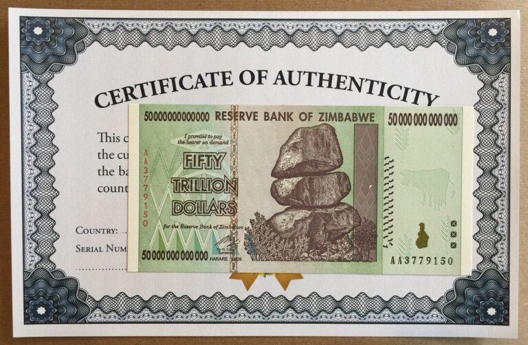 Read more about the article AUTHENTIC 50 TRILLION DOLLARS ZIMBABWE 2008 AA P90 UNC COA CERTIFICATE UV PASSED