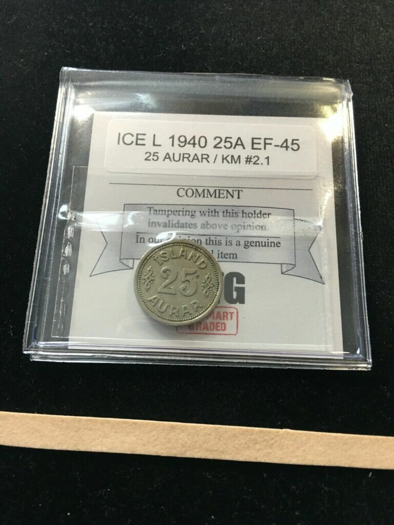 Read more about the article 1940  Iceland  25 Aurar  Coin Mart Graded**EF-45**KM# 2.2