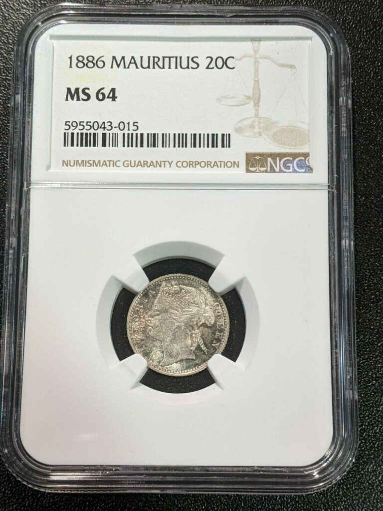 Read more about the article 1886 MS64 Mauritius Silver 20 Cents NGC KM 11.1 SCARCE Coin 1 graded Higher!