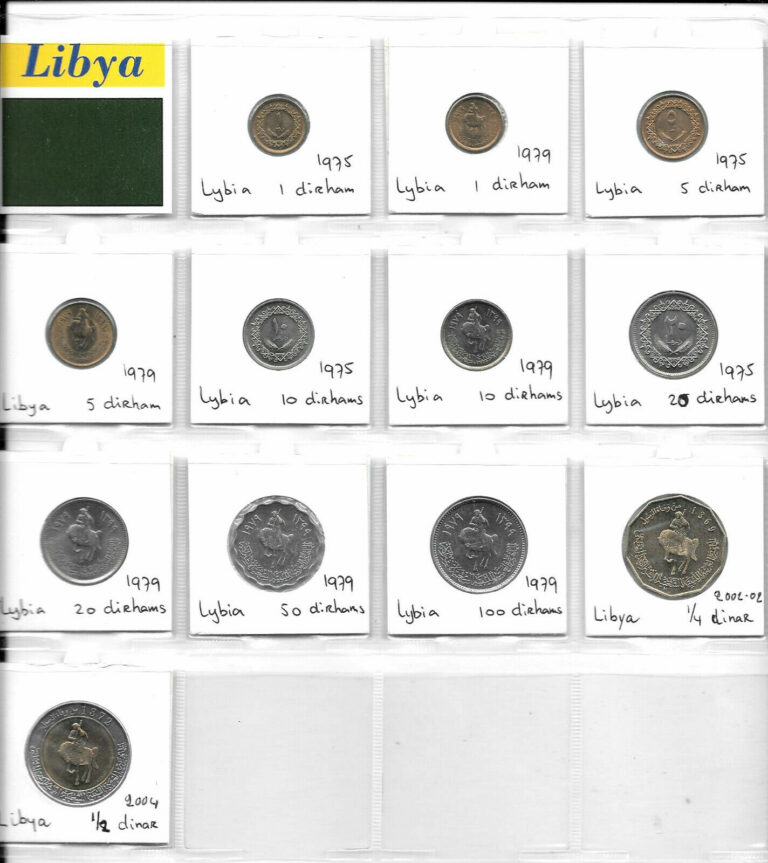 Read more about the article LIBYA Collection of 12 Uncirculated Coins 1 DIRHAM – 1/2 DINAR 1975-2004 1T.2