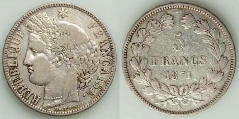 Read more about the article France Republic 1871 Silver 5 Francs Coin Laureate Woman’s Bust Facing Left VF+