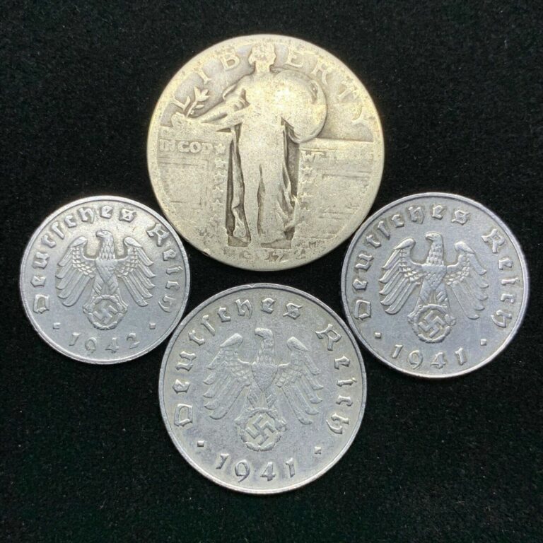 Read more about the article Third Reich Coin Lot 3 WW2 German Zinc Coins and 1 Silver Standing Liberty Quarter