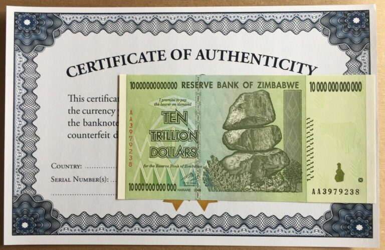 Read more about the article 2008 10 TRILLION DOLLAR ZIMBABWE ZIM AA SERIES P88 UNC COA CERTIFICATE AUTHENTIC