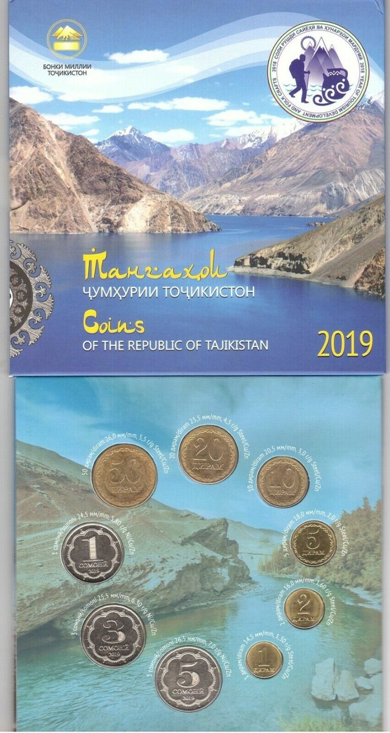 Read more about the article Tajikistan set 9 coins 1 2 5 10 20 50 Diram 1 3 5 Somoni 2019 UNC RIVER booklet