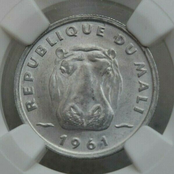 Read more about the article SCARCE MALI 1961 ALUMINIUM 5 FRANC MALIENS COIN  NGC MS64  HIPPOPOTAMUS  NICE!