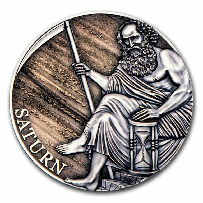 Read more about the article 2021 Cameroon 3 oz Antique Silver Planets and Gods; Saturn – SKU#230353