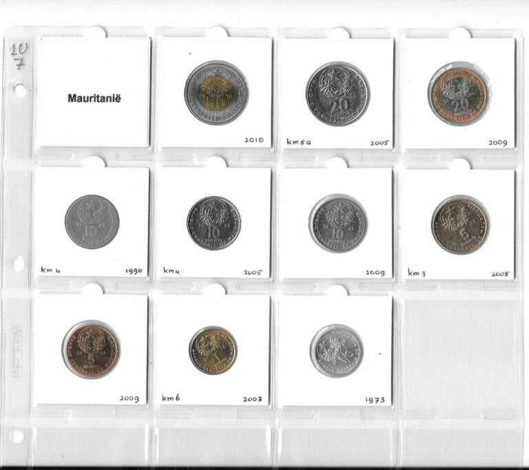 Read more about the article MAURITANIA COLLECTION OF 10 COINS 1⁄5 OUGUIYA-50 OUGUIYA 1973-2010 Mostly UNC 1U