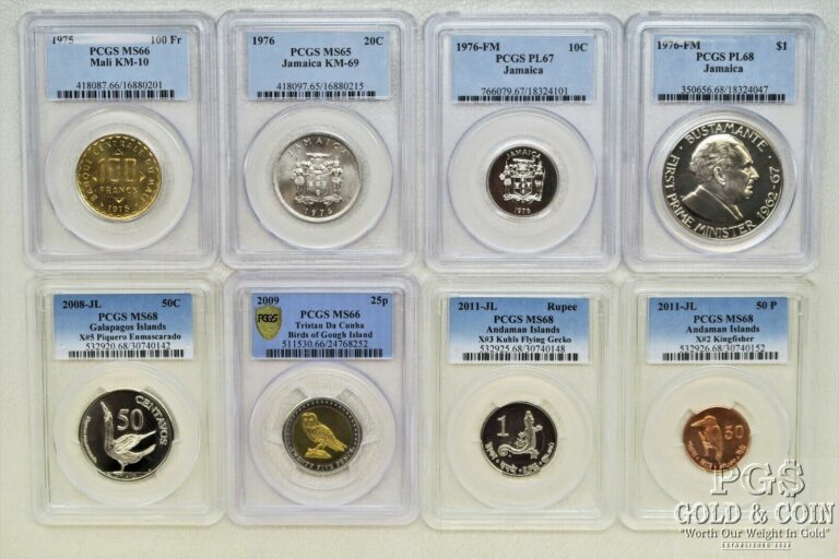 Read more about the article 8 PCGS Foreign Coins 1975 Mali 1976 Jamaica 2008 Galapagos  2009 2011 Isl 19124